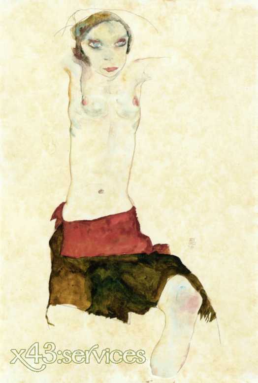 Egon Schiele - Halb-Akt mit farbigen Rock und erhobenen Armen